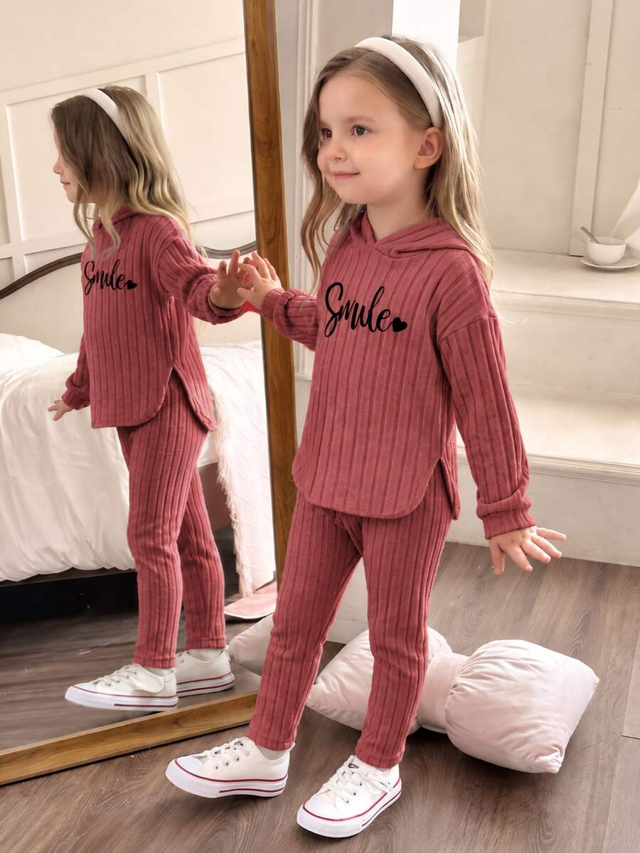 Elladie kids 女童新款玫瑰紅連帽長袖上衣與鬆緊腰休閒寬鬆軟針織長褲兩件套,春/秋季 - 玫紅色 - 查看 1