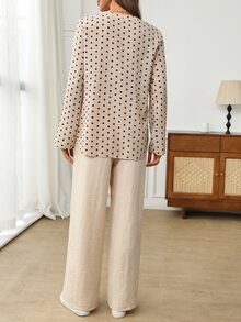 EMERY ROSE 女款法式米色印花長袖襯衫與紋理長褲兩件套 辦公室秋季休閒 - 彩色 - 查看 2