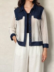 Lacomfia Women's Casual Elegant Lace Patchwork Design Loose Long Sleeve Plus Size Jacket - Multicolor - View 1