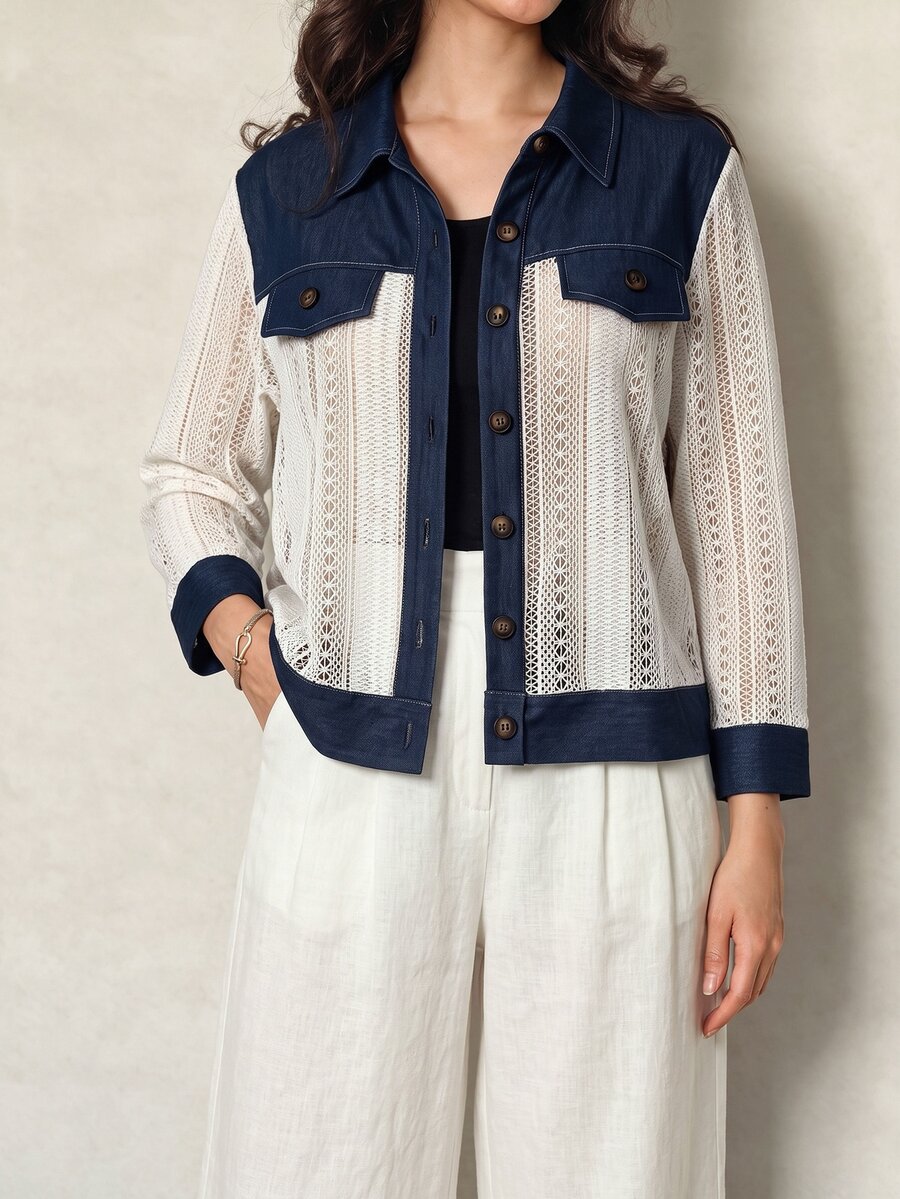 Lacomfia Women's Casual Elegant Lace Patchwork Design Loose Long Sleeve Plus Size Jacket - Multicolor - View 1