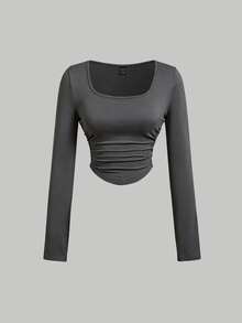 SHEIN MOD 95%棉 3件組女款休閒方領抓皺腰部不對稱下擺修身長袖T恤套裝，百搭百搭，女款秋冬服飾，秋季上衣，適合日常通勤、派對、夏季、聖誕節、新年、感恩節、派對、婚禮、海灘、出遊、約會、情人節、優雅、度假、Y2K - 彩色 - 查看 10