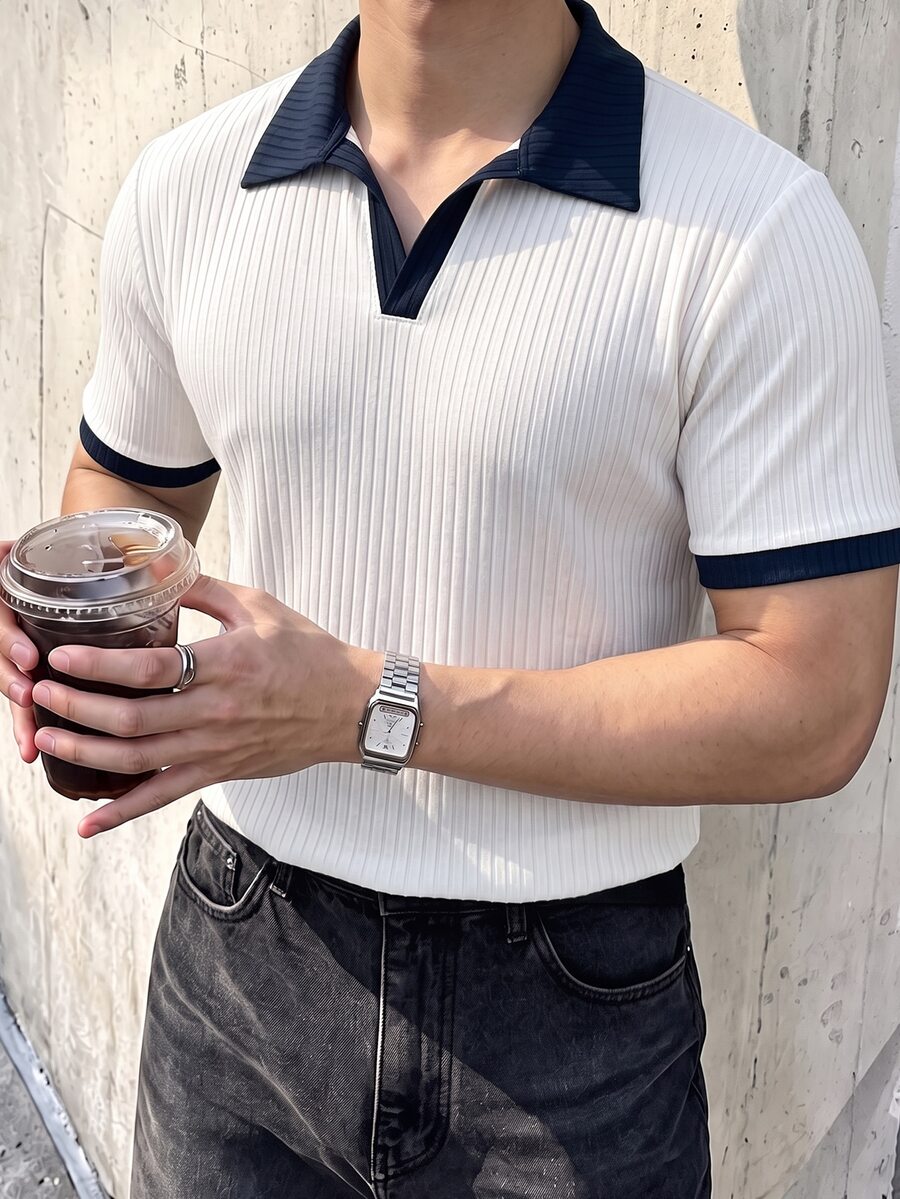JOLTRO 男士拼色短袖休閒通勤 Polo 衫 - 白色 - 查看 1