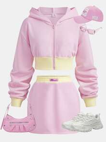 SHEIN Girlism 兒童青少年女孩連帽衫與運動衫套裝，秋冬配色拼接 Y2K 粉色與黃色腰帶百搭休閒學院風夾克與裙子 2 件套 - 彩色 - 查看 1