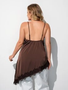 Maija Plus Size Lace Patchwork Asymmetrical Hem Cami Tank Top - Brown - View 3