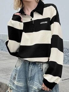 FRIFUL Women's Letter Print Colorblock Casual Everyday Sweatshirt - Black and White - View 5