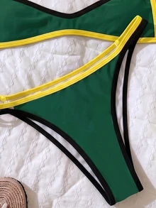 Elavelle 女款夏季海灘拼色細肩帶性感比基尼三角褲兩件式泳衣套裝 - 彩色 - 查看 6