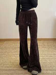 DAZY Women's Elastic Waist Drawstring Tie Pocket Elegant Long Pants - Brown - View 1