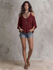 Solivie Women's Vacation Casual Colorblock Striped Cold Shoulder Spaghetti Strap Sweater - Burgundy - View 7