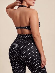 SHEIN Dewbera Women's Plus Size Polka Dot Print Cropped Tank Top And Leggings Sports Set - Black - View 2