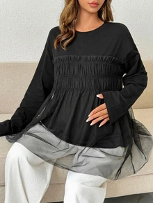 Dazy Maternity Contrast Mesh Loose Long Sleeve Round Neck Casual Vacation Spring Autumn Maternity T-Shirt - Black - View 5