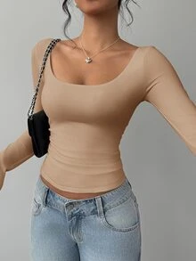 SHEIN BASICS 女款休閒針織修身長袖圓領基本款T恤，冬季女裝穿搭 - 駝色 - 查看 5
