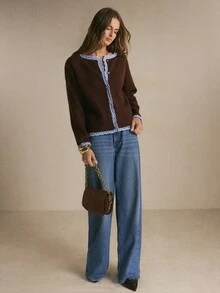 Poéselle Women's Contrast Color Long Sleeve Knit Cardigan, New Autumn/Winter Style - Coffee Brown - View 8