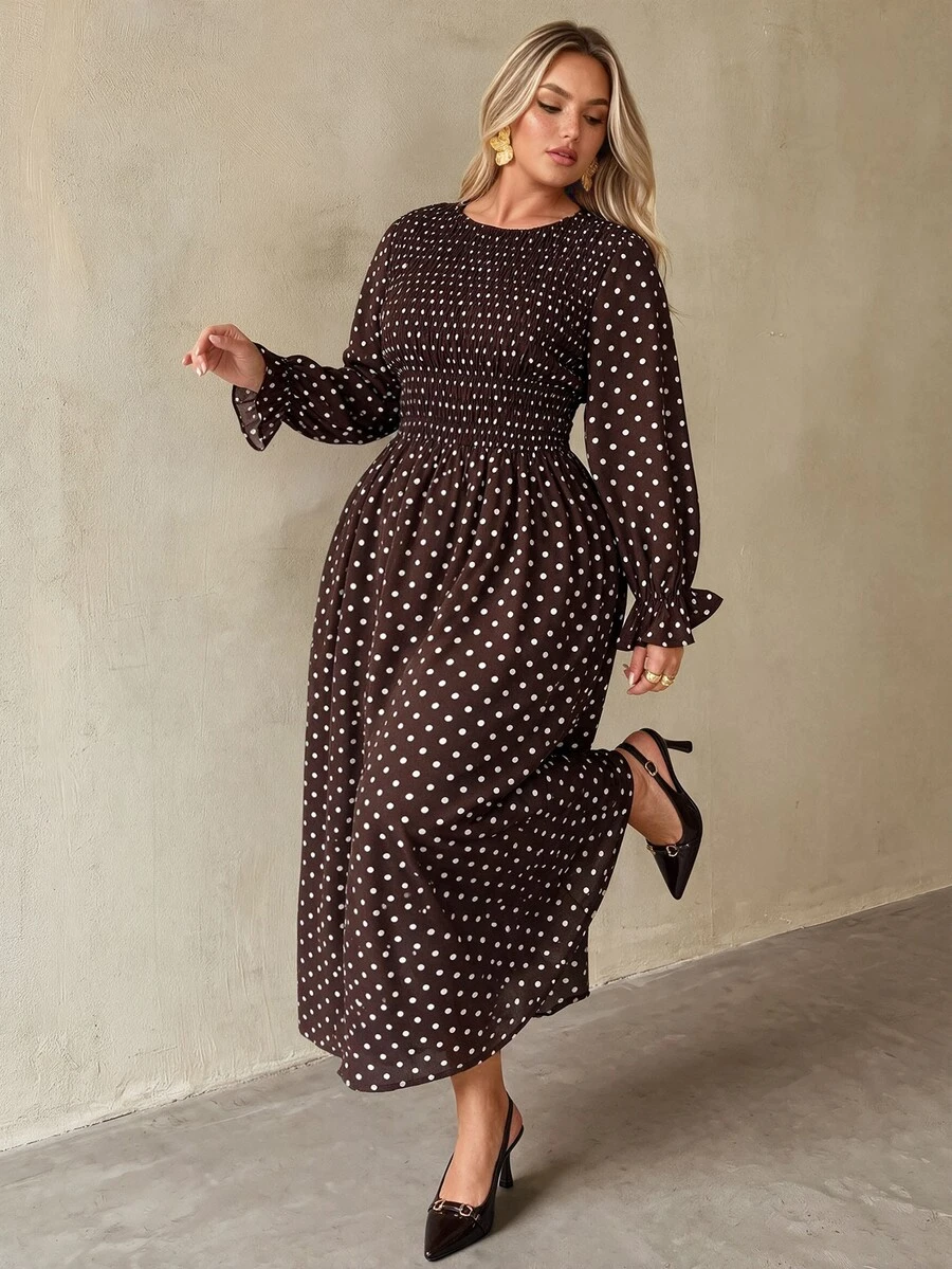 Auralis Plus Size Round Neck High Elastic Waist Flared Hem Casual Brown Ruffle Long Sleeve Everyday Dress/Dress - Brown - View 1