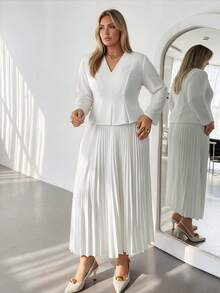 Auralis Plus Size Elegant V-Neck Long Sleeve Blouse And Pleated Midi Skirt 2 Pieces Set - Apricot - View 5