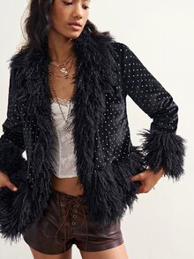 Bohemela Women's Polka Dot Fashion Versatile Winter Plush Patchwork Cardigan - Black - View 2