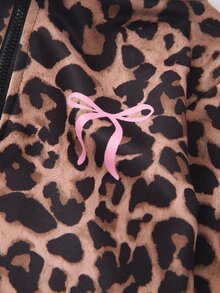 SHEIN Playful Pals 女童豹紋蝴蝶結兩件套 半拉鍊連帽套頭上衣與寬腿長褲休閒可愛套裝 秋冬女童長褲套裝 - 灰色 - 查看 5