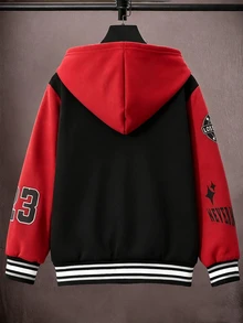 SHEIN 男童秋季抓絨內裡長袖連帽夾克，黑灰拼色連帽抓絨棒球夾克，LA字母印花搭配多款美國標語印花，寬鬆落肩版型，幼兒上學與旅行復古風兒童夾克，校園夾克，戶外夾克 - 紅色 - 查看 2