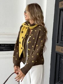 Pariaura Vintage Colorblock Polka Dot Loose Fit Slimming Slouchy Cardigan Sweater Jacket With Matching Scarf - Coffee Brown - View 3