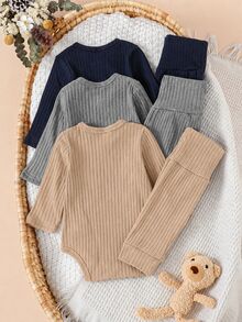 SHEIN 新生兒休閒嬰兒服裝套裝 中性連身衣 秋冬長袖輕便褲 粉色卡其印花套裝 成套搭配 - 彩色 - 查看 2