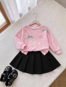 SHEIN Baby Girl Bow Decor Long Sleeve Sweatshirt And Pleated Skirt Cute Set - Pink - View 5