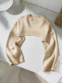 SHEIN Tween Girls Brown Color Stripe Pattern Drop Shoulder Super Crop Y2K Grunge Sweater, Suitable For Daily Wear, Casual Occasion - Khaki - View 1