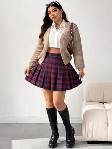 SHEIN EZwear Plus Size Vintage Casual Elegant Academy Plaid Pleated Skirt Teacher Vacation Formal Navy Blue Autumn - Red - View 5