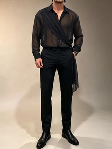 ZURIURI Men's Sheer Lightweight Elegant Fashion Mesh Shirt - Black - View 5
