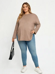 Plussiva Plus Size Solid Color Casual Versatile Daily Wear Top For Pregnant Women - Camel - View 4