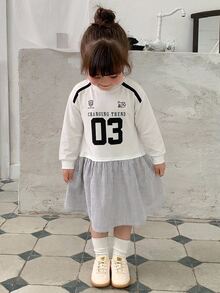DAZY Infant/Toddler (Girl) Round Neck Striped Patchwork Short Sleeve English Print Dress - White - View 3
