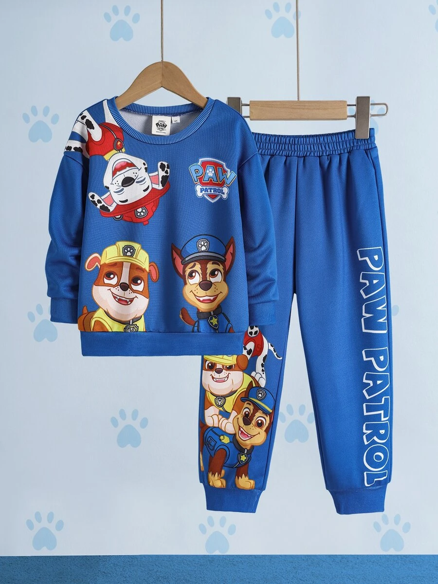 SHEIN | PAW Patrol طقم سويت شيرت بأكمام طويلة وبنطال جوجر بطبعة كرتونية للأولاد الصغار - الأزرق - مشاهدة 1