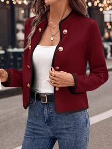 SHEIN Clasi Elegant Chic Black & White Metallic Button Decor Fitted Women Jacket In Fall/Winter - Burgundy - View 6