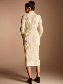 SHEIN BASICS Women's Solid Color High Neck Raglan Long Sleeve Slim Fit Elegant Knit Dress - Beige - View 2