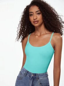 SHEIN BASICS 1件女款純色修身休閒細肩帶背心上衣 白色上衣 - 薄荷綠 - 查看 3