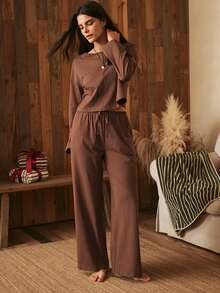 Lullawish Women's 100% Cotton Knitted Drop Shoulder Long Sleeve Top And Pants Pajama Set - Brown - View 3