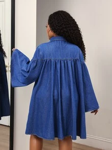 Slaydiva Plus Size Women's Collared Long Sleeve Ruched Casual Denim Dress - Blue - View 2