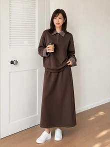 Yumoku Women's Contrast Color Long Sleeve Top And Skirt Casual 2 Pieces Set - Brown - View 1