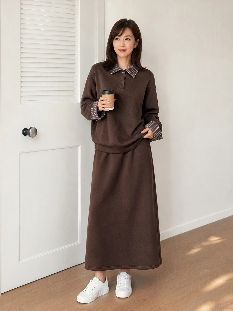 Yumoku Women's Contrast Color Long Sleeve Top And Skirt Casual 2 Pieces Set - Brown - View 1