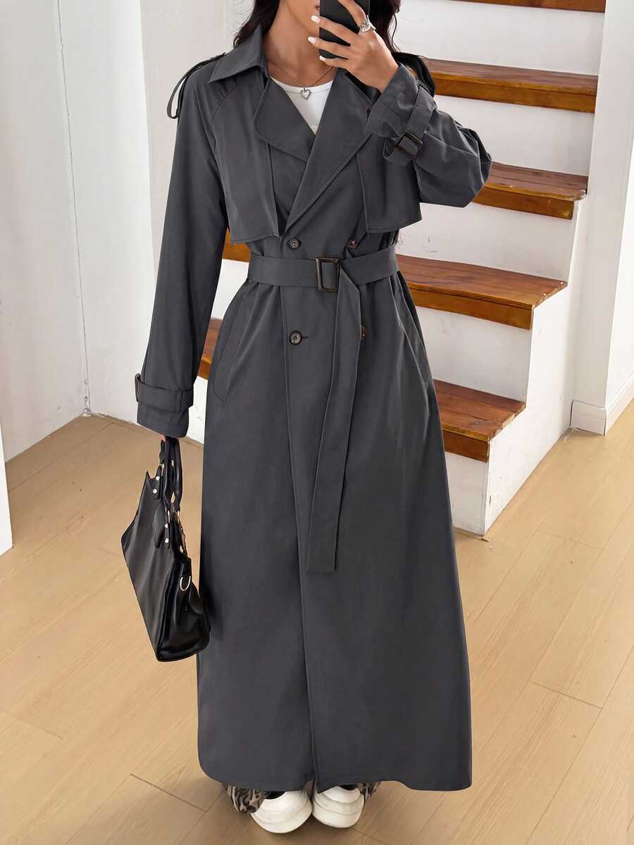SHEIN EZwear 女款黑色編織長版休閒防風外套 秋冬款 - 深灰色 - 查看 1