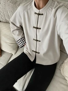 Louniche Women's Plaid Patchwork Casual Versatile Daily Long Sleeve Jacket - Apricot - View 5
