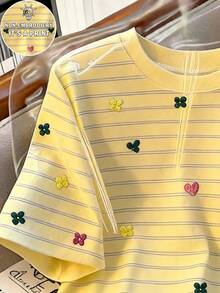SHEIN Tween Girl Short Sleeve T-Shirt, Striped Floral & Heart Print, Round Neck, Summer Casual Basic Tee - Multicolor - View 3