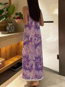 DAZY 花卉印花高開衩細肩帶洋裝 夏季女款睡裙 - 紫色 - 查看 2