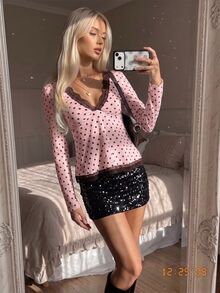 CovetEZ Women's Casual Comfortable Light Pink Contrast Lace Long Sleeve Top, Autumn/Winter - 淺粉色 - 查看 3