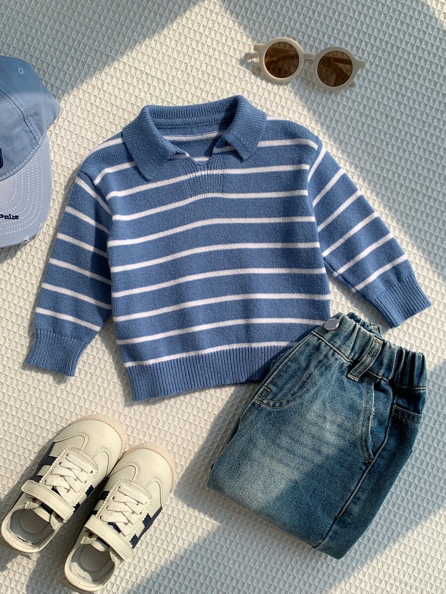 SHEIN Baby Boy Colorful Striped Crew Neck Long Sleeve Pullover Sweater, Versatile And Comfortable - Blue - View 1