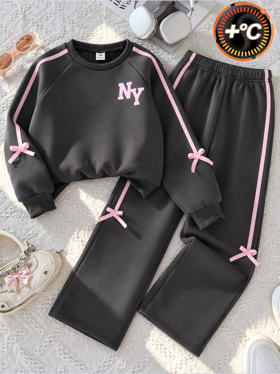 SHEIN 青少年女孩抓絨運動衫套裝 字母印花蝴蝶結裝飾 寬腿長褲 秋季休閒穿搭 - 深灰色 - 查看 1