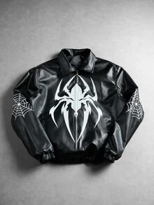 Manfinity Hypemode Men's Fashion Design Printed Black Jacket, Featuring Spider Pattern, Adjustable Hem With Drawstring, Suitable For Casual Wear, Outings, Sports, School, Parties, Music Festivals And Other Occasions. Can Be Given As A Gift To Friends, Contrast Color Jacket - Black - View 3