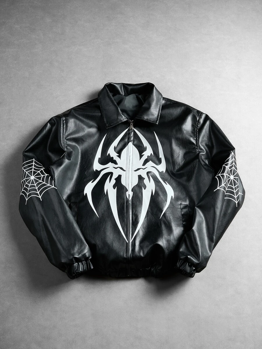 Manfinity Hypemode Men's Fashion Design Printed Black Jacket, Featuring Spider Pattern, Adjustable Hem With Drawstring, Suitable For Casual Wear, Outings, Sports, School, Parties, Music Festivals And Other Occasions. Can Be Given As A Gift To Friends, Contrast Color Jacket - Black - View 1