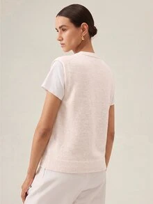 SHEIN Women's Sleeveless V-Neck Knit Vest, Beige With Pearl-Style Buttons, Soft Layering Cardigan For Workplace & Casual Daily Wear, Autumn/Winter - Beige - View 3