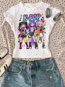 迷你多巴胺彩色波點 Y2K 時尚街頭風 K-Pop 韓系女孩賽博螢光圖案印花女款休閒舒適修身短袖 T 恤，適合日常室內穿著、疊穿、運動、外出、音樂節，美式高街甜酷女孩慵懶時尚少女風 - 彩色 - 查看 1