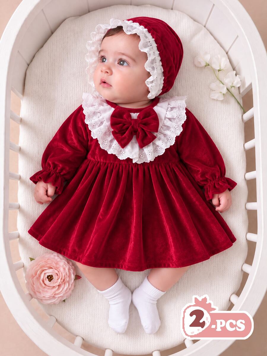 Souflis Souflis 2件組 幼兒女嬰天鵝絨洋裝 優雅甜美酒紅色 蕾絲蝴蝶結荷葉邊長袖圓領 聖誕派對秋季假期優雅時尚帽 - 紅色 - 查看 1