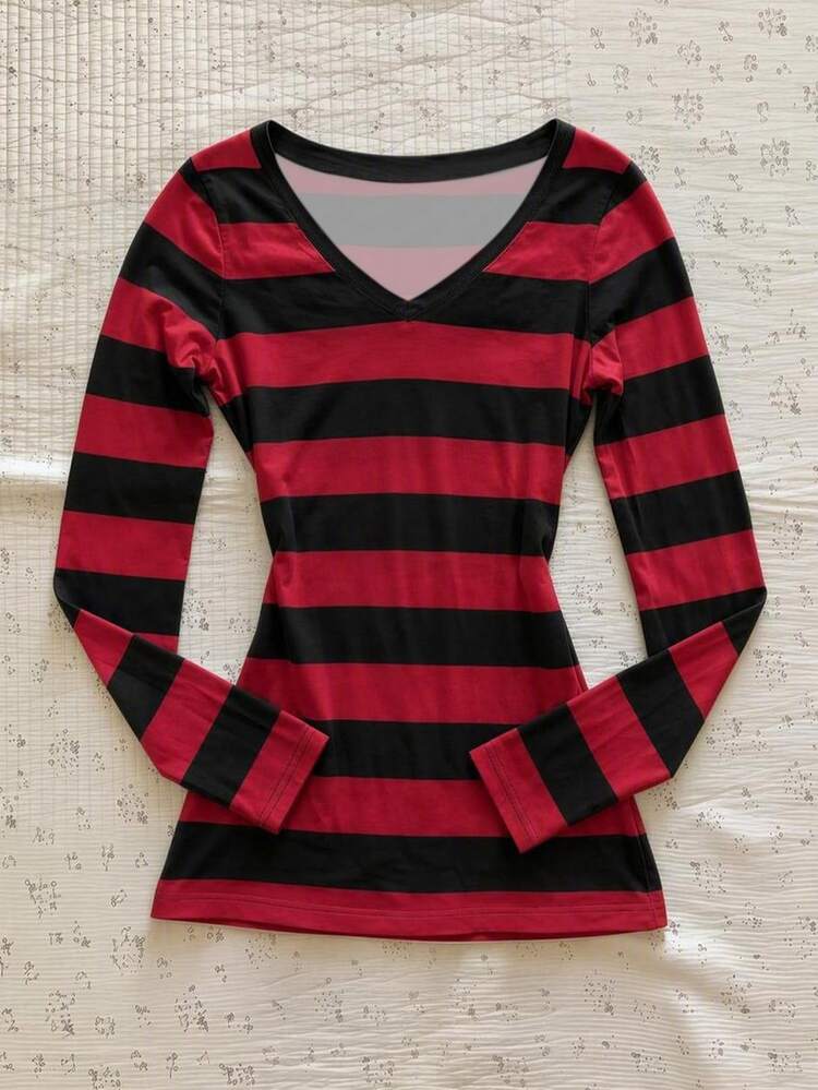 Attitoon Kaos Wanita Lengan Panjang V-Neck Bergaya Minimalis Kasual dengan Motif Garis Hitam & Merah, Serbaguna untuk Pakaian Bandara, Cocok untuk Awal Musim Gugur - MultiWarna - View 2